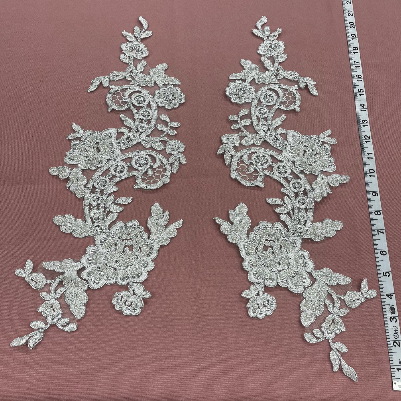 Beaded & Corded Floral Appliqué Lace Embroidered on 100% Polyester Organza or Net Mesh. This can be applied to Theatrical dance ballroom costumes, bridal dresses, bridal headbands endless possibilities. Sold By Pair Lace Usa