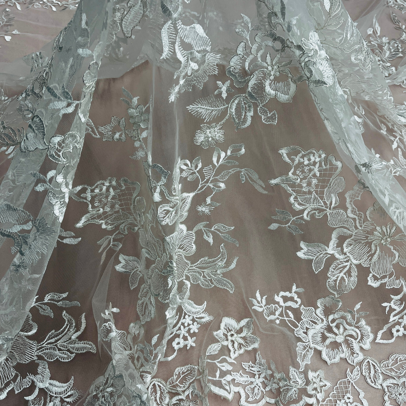 Corded Bridal Lace Fabric Embroidered on 100% Polyester Net Mesh | Lace USA