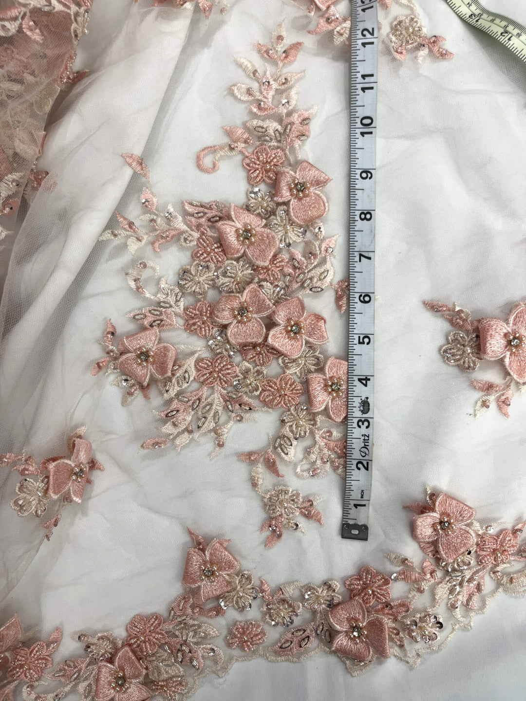 Measured view of Lace USA GD-3040 3D Peach floral lace, embellished with beads and rhinestones—ideal for   gowns, and formalwear.