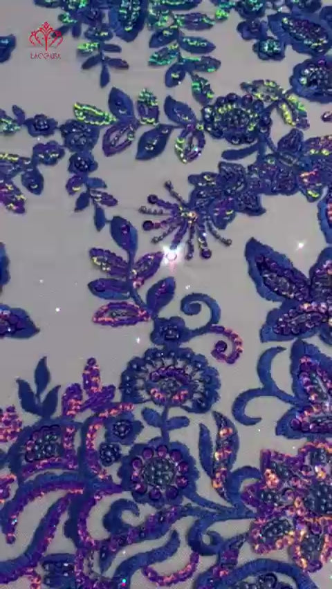 Beaded & Sequined Sparkling  Floral Lace Fabric – Scalloped Edges | Lace USA - GD-2218