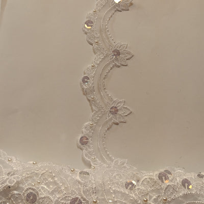 Beaded White Lace Trim Embroidered on 100% Polyester Organza . Large Arch Scalloped Trim. Formal Trim. Perfect for Edging and Gowns.  Sold by the Yard.  Lace Usa