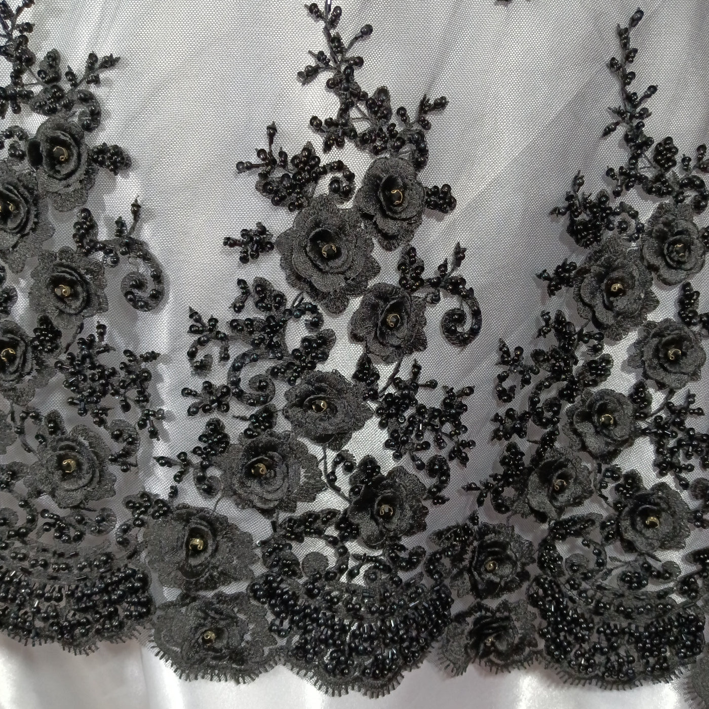 3D Floral Embroidered Net Lace, Beaded with Rhinestone & Beads Black Lace Usa