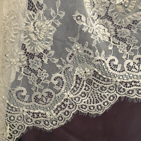 Beaded Chantilly Embroidered Lace Fabric with Eyelash Scallop | Lace USA - 68138W-BP