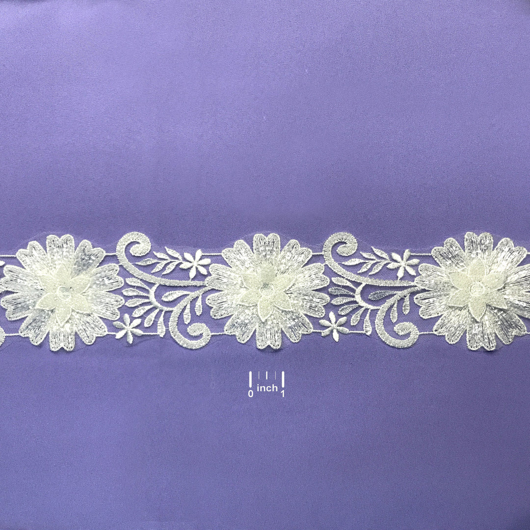 3D Floral Embroidered Trimming with Heavy Beading on Net Lace White Lace Usa