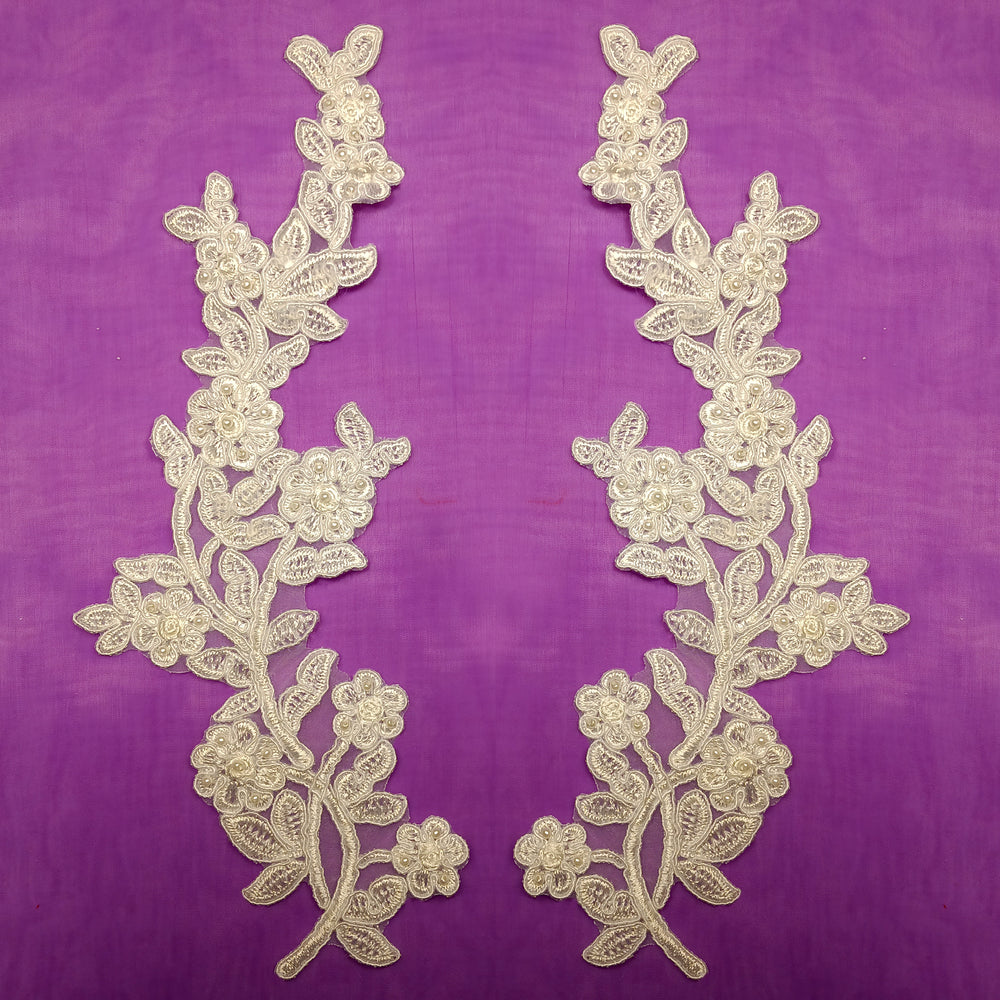 Beaded & Corded Ivory Floral Applique Embroidered on Organza. Sold by the Pair. Lace Usa