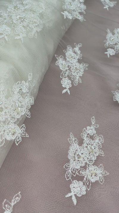 Beaded & Corded Lace Fabric Embroidered on 100% Polyester Net Mesh | Lace USA