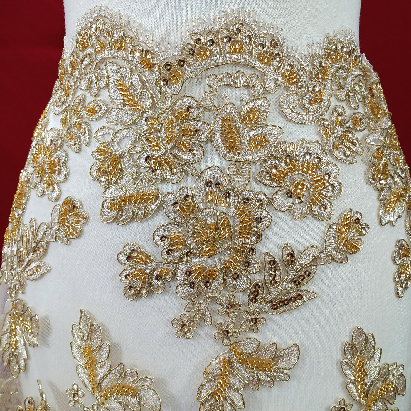 Embroidered & Corded Gold Net Mesh Fabric with Sequin & Beads. Sold by the yard Lace Usa