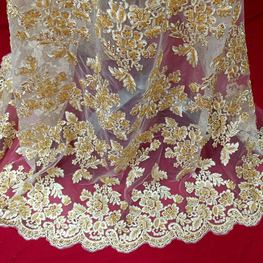 Embroidered & Corded Gold Net Mesh Fabric with Sequin & Beads. Sold by the yard Lace Usa