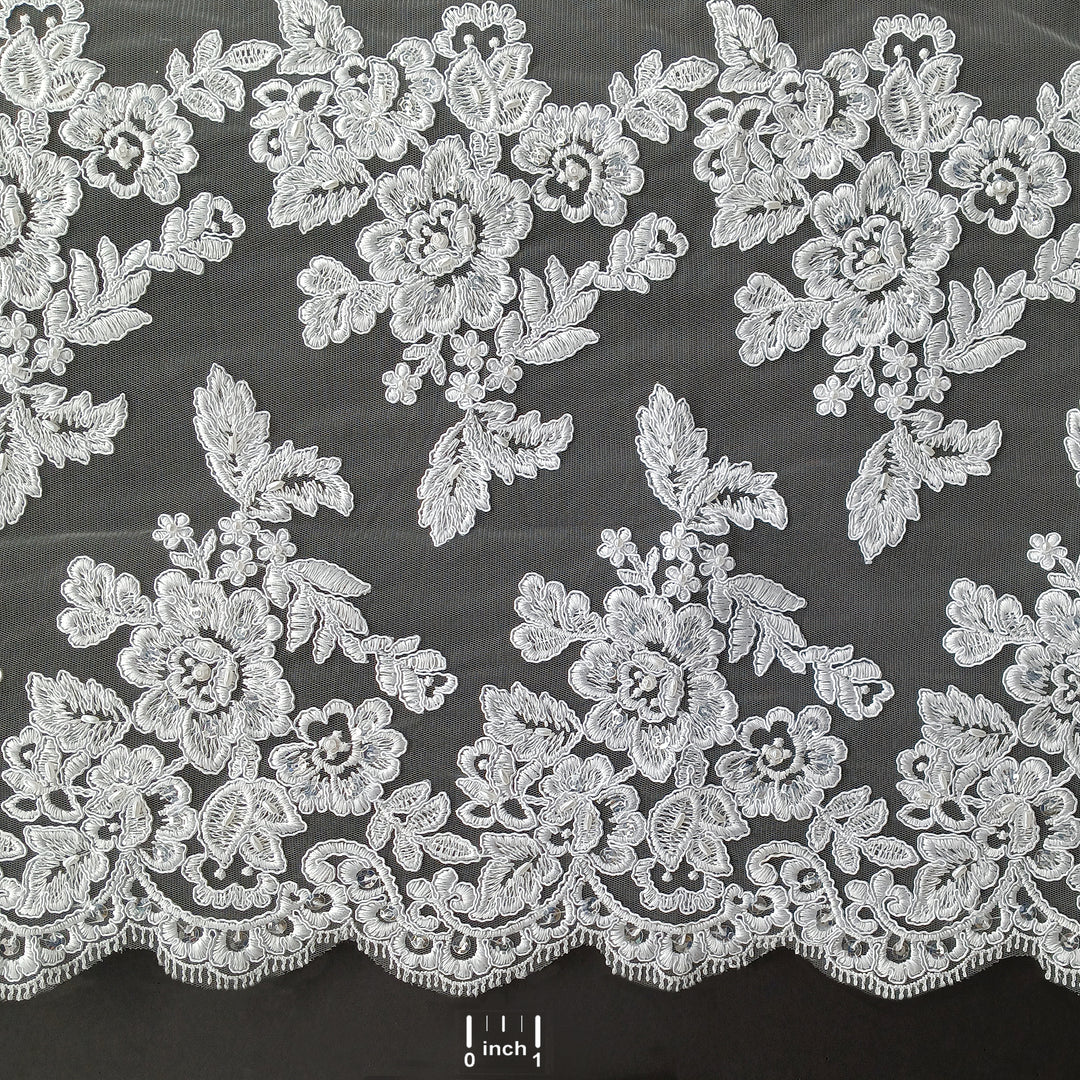 Corded & Beaded Bridal Lace Fabric Embroidered on 100% Polyester Net Mesh. Lace USA