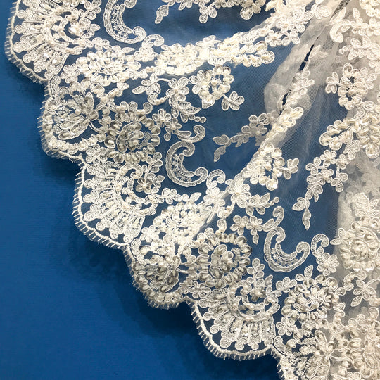 Beaded & Corded Double Sided Floral Lace Trimming Embroidered on 100% Polyester Net Mesh | Lace USA - 96851W-BP/2