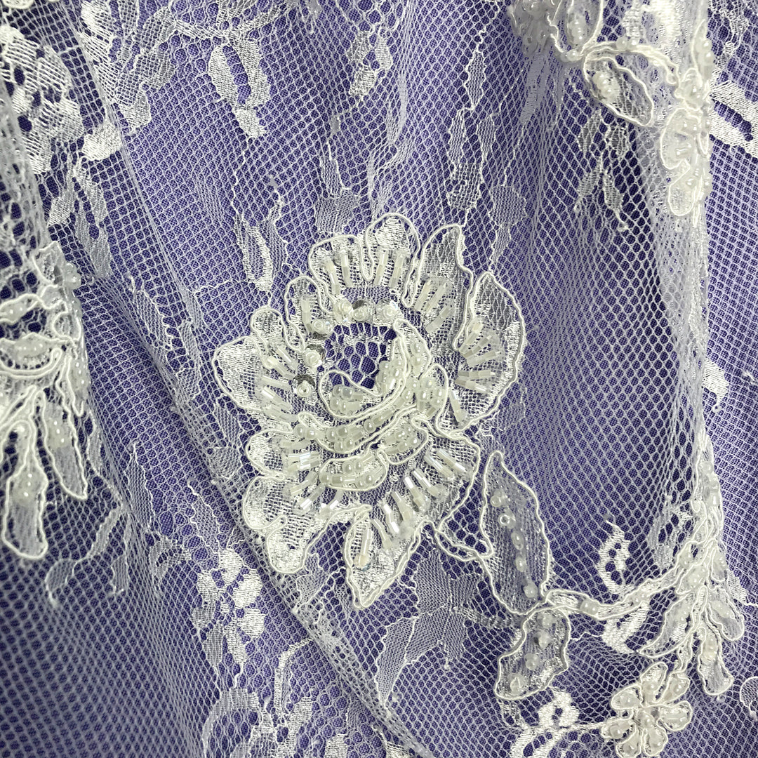 3 Yards Precut Beaded & Corded Chantilly Floral Lace Fabric Embroidered on 100% Polyester Net Mesh | Lace USA - 97143W-BP Ivory