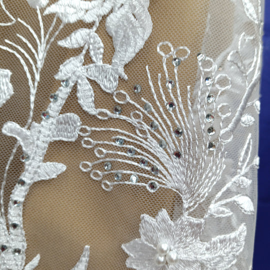 Beaded & Rhinestone 3D Floral Lace Fabric Embroidered on 100% Polyester Net Mesh | Lace USA