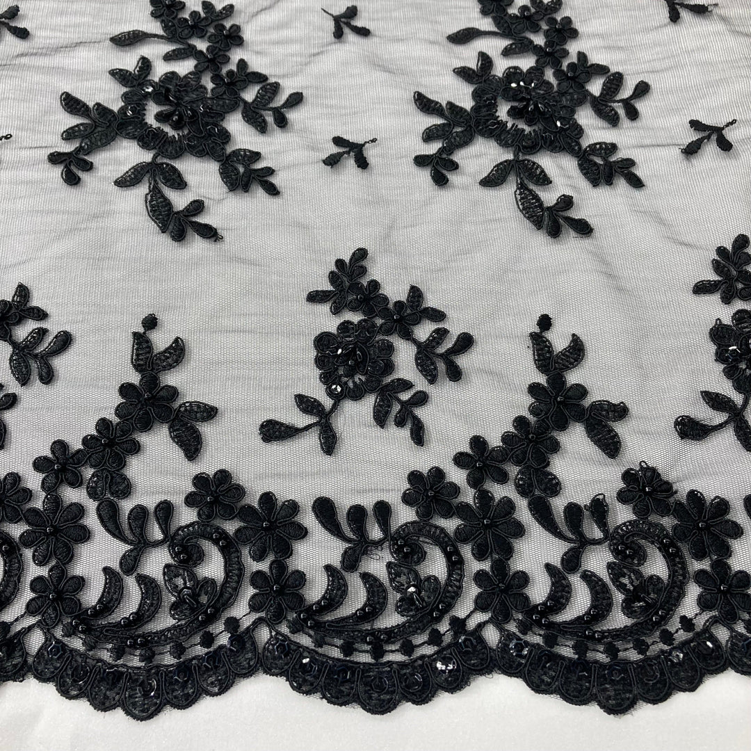 Beaded & Corded Bridal Lace Fabric Embroidered on 100% Polyester Net Mesh | Lace USA - 91436W-BP