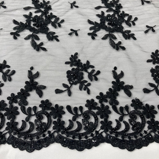 Beaded & Corded Bridal Lace Fabric Embroidered on 100% Polyester Net Mesh | Lace USA - 91436W-BP