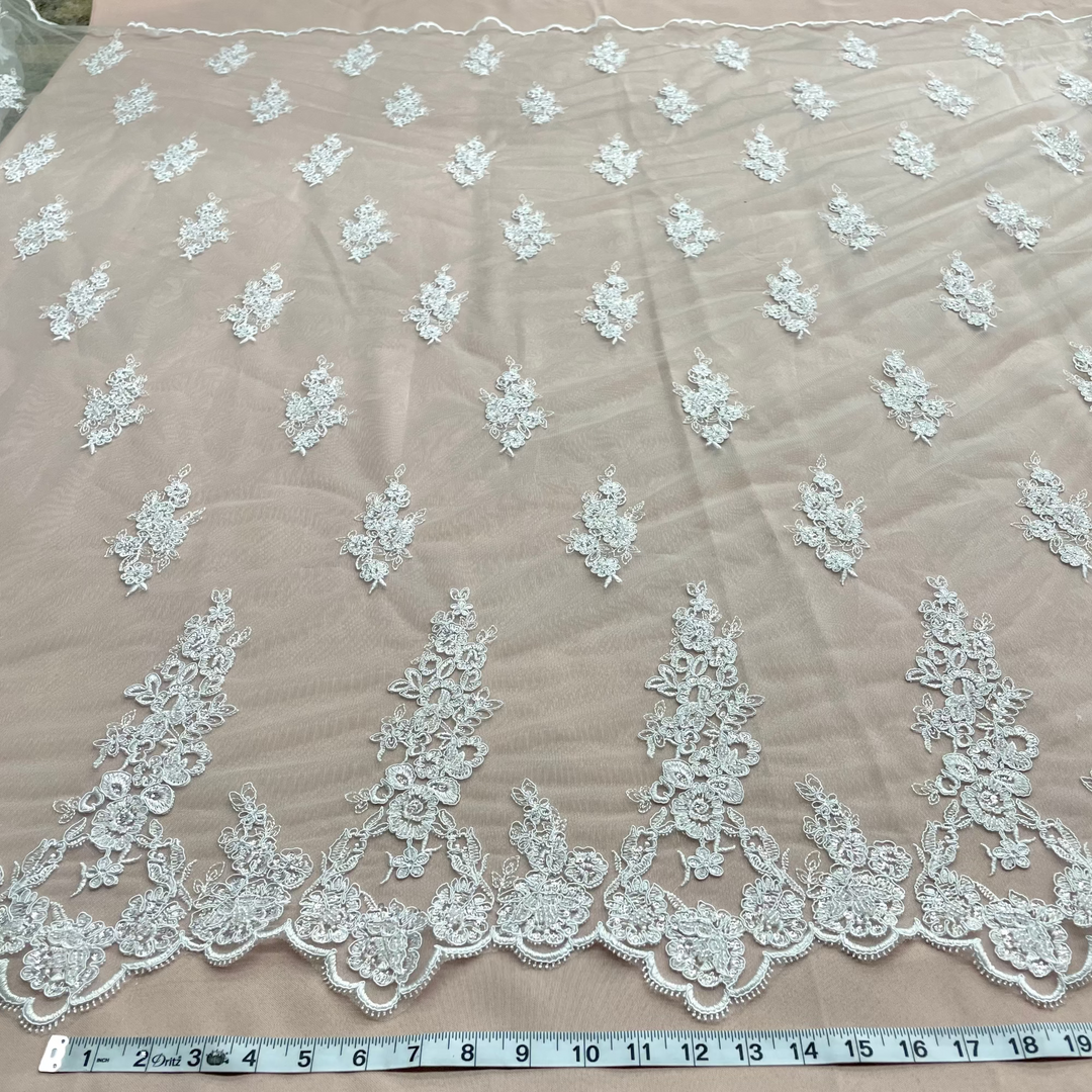 Luxury beaded and corded lace fabric with embroidered floral pattern on polyester net mesh for wedding dresses and formal gowns| Lace USA 91443W-HB