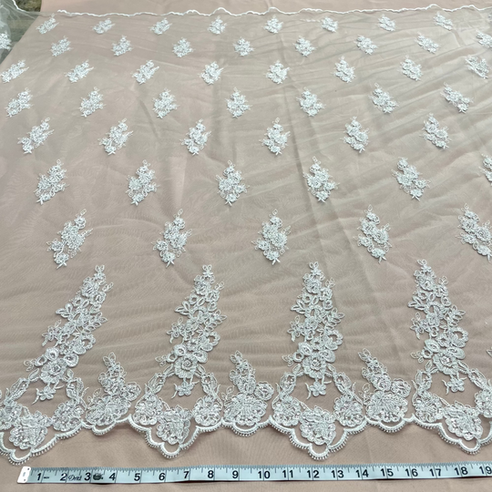 Luxury beaded and corded lace fabric with embroidered floral pattern on polyester net mesh for wedding dresses and formal gowns| Lace USA 91443W-HB