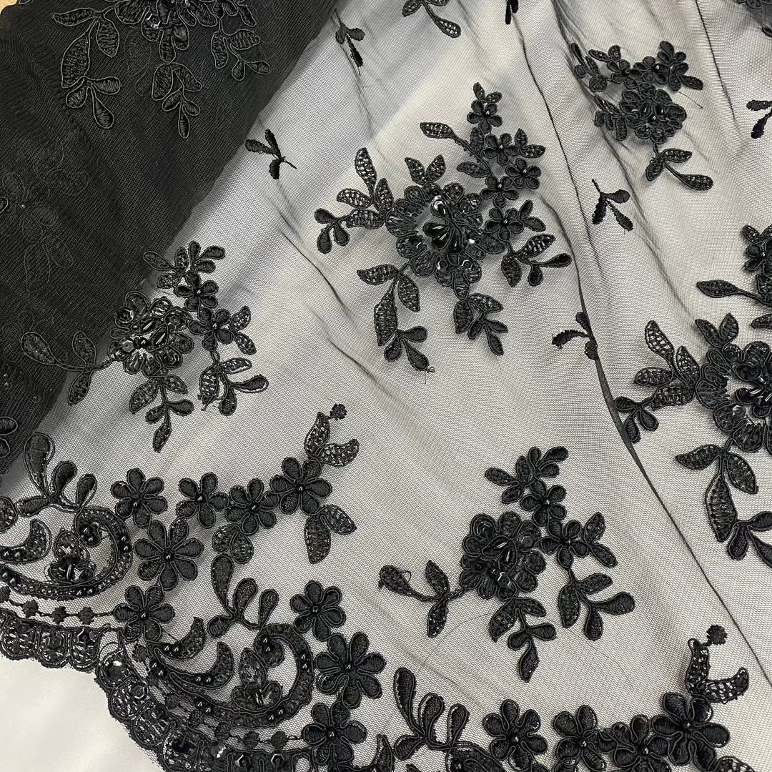 Beaded & Corded Bridal Lace Fabric Embroidered on 100% Polyester Net Mesh | Lace USA - 91436W-BP