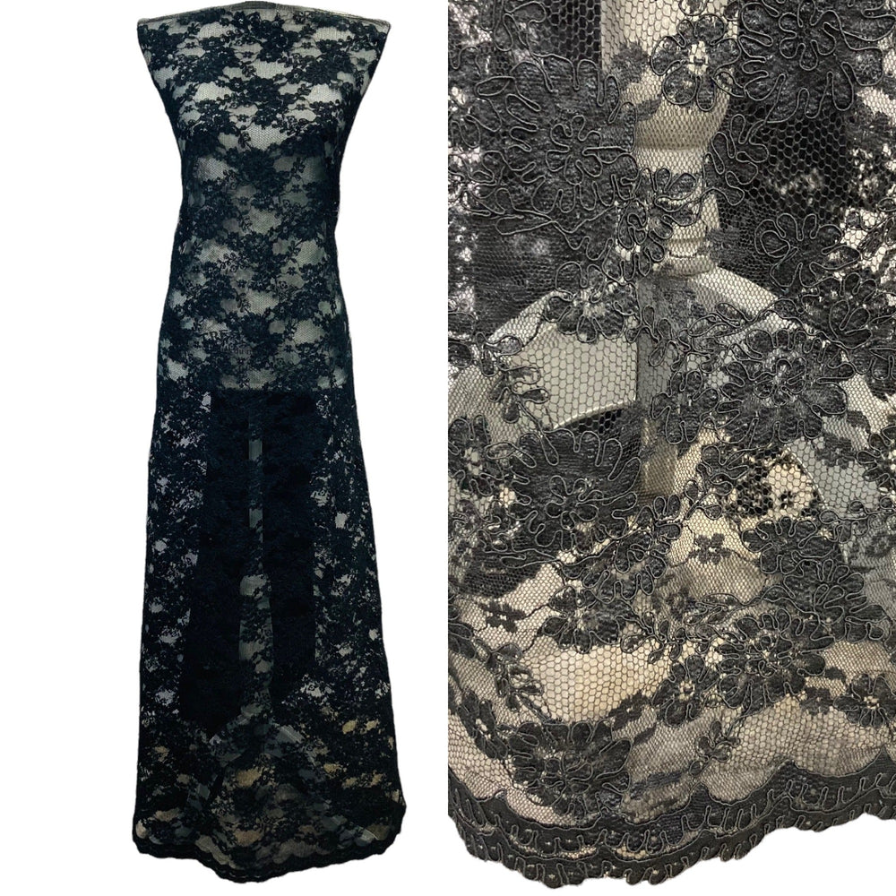 Black Corded Bridal Lace Fabric Embroidered on 100% Polyester Net Mesh | Lace USA
