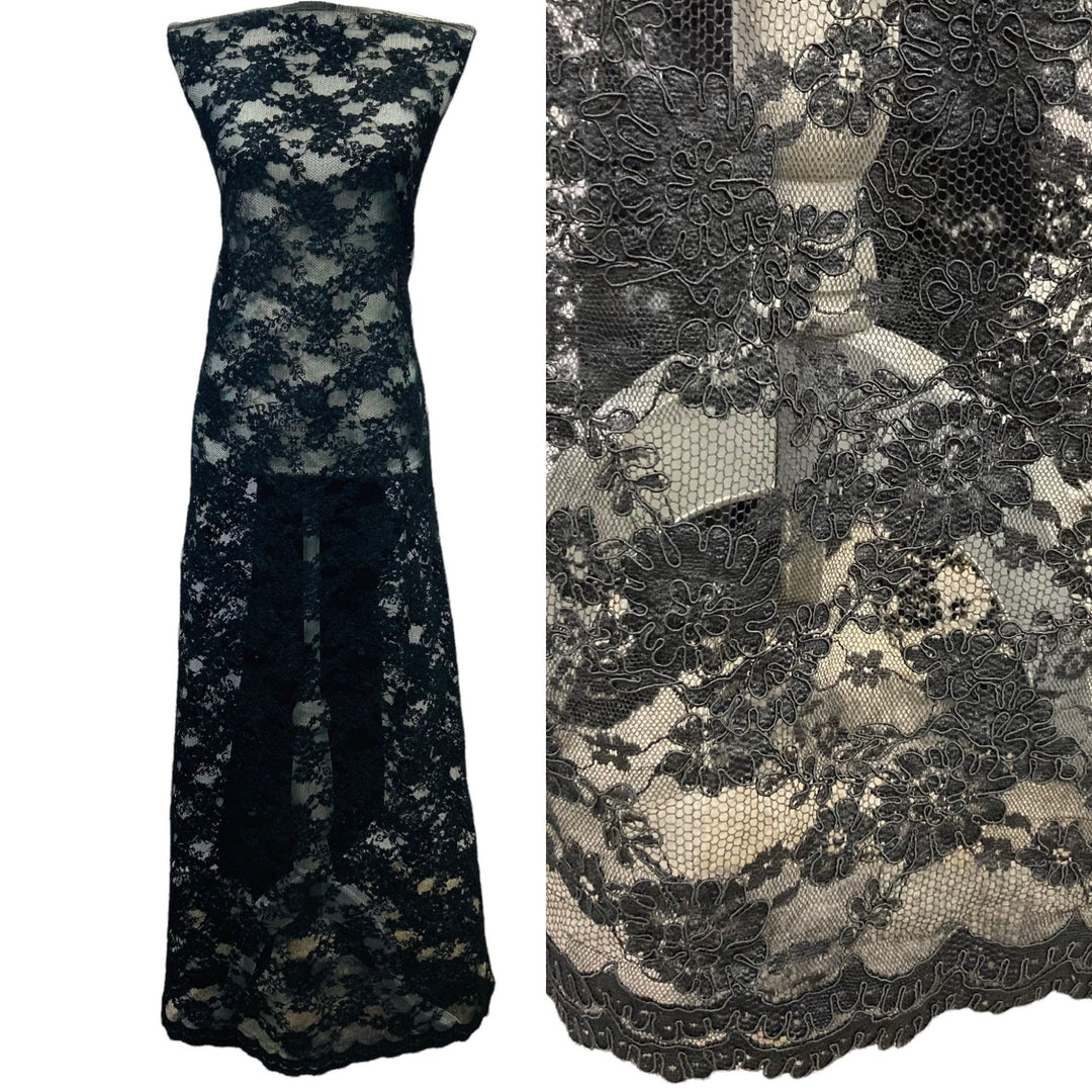 Black Corded Bridal Lace Fabric Embroidered on 100% Polyester Net Mesh | Lace USA