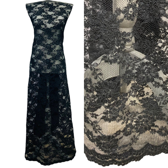 Black Corded Bridal Lace Fabric Embroidered on 100% Polyester Net Mesh | Lace USA