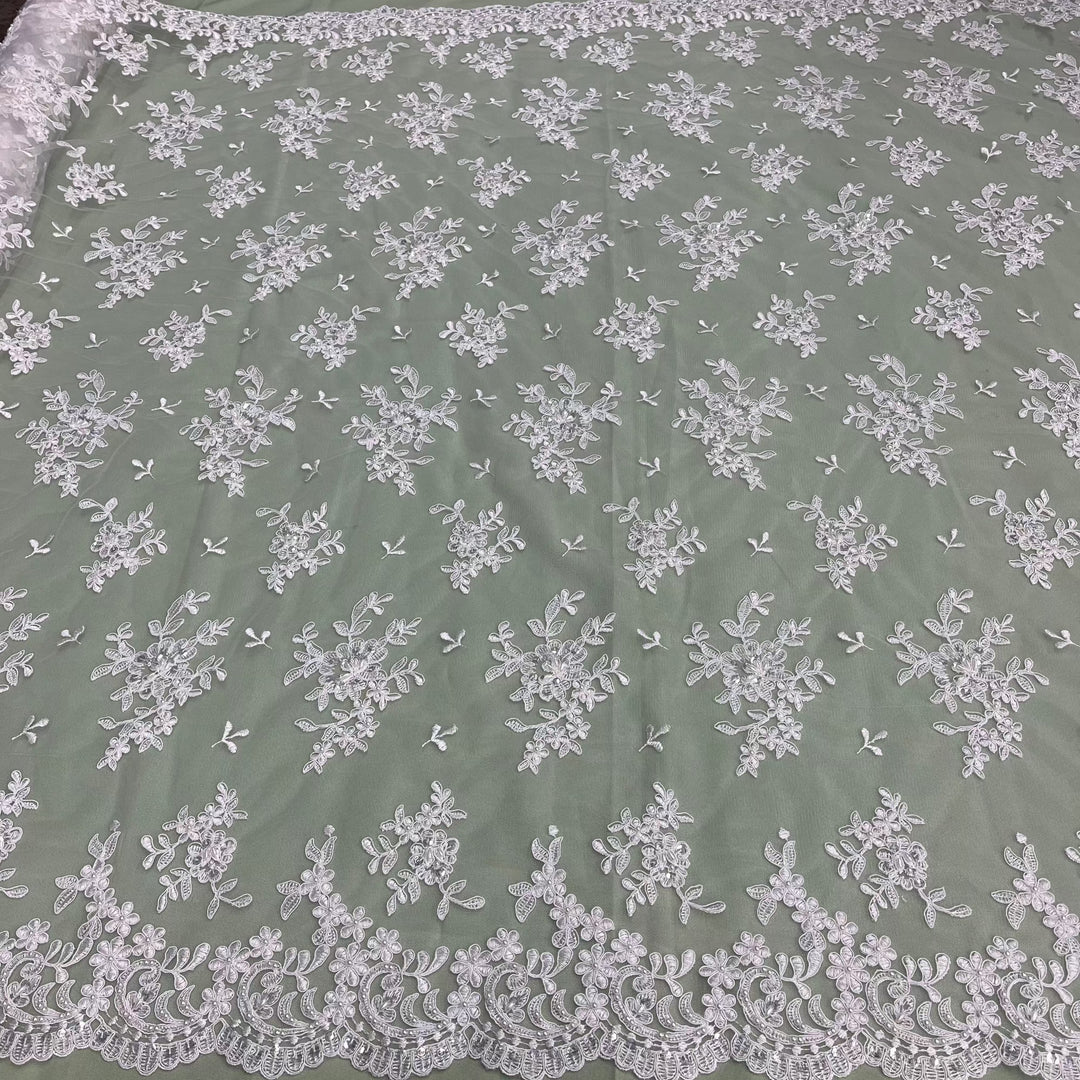 Beaded & Corded Bridal Lace Fabric Embroidered on 100% Polyester Net Mesh | Lace USA - 91436W-BP