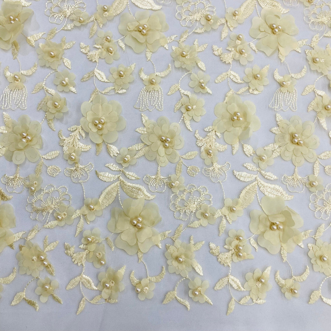 Closeup of Yellow Floral Embroidered & Beaded Net Fabric . Lace USA