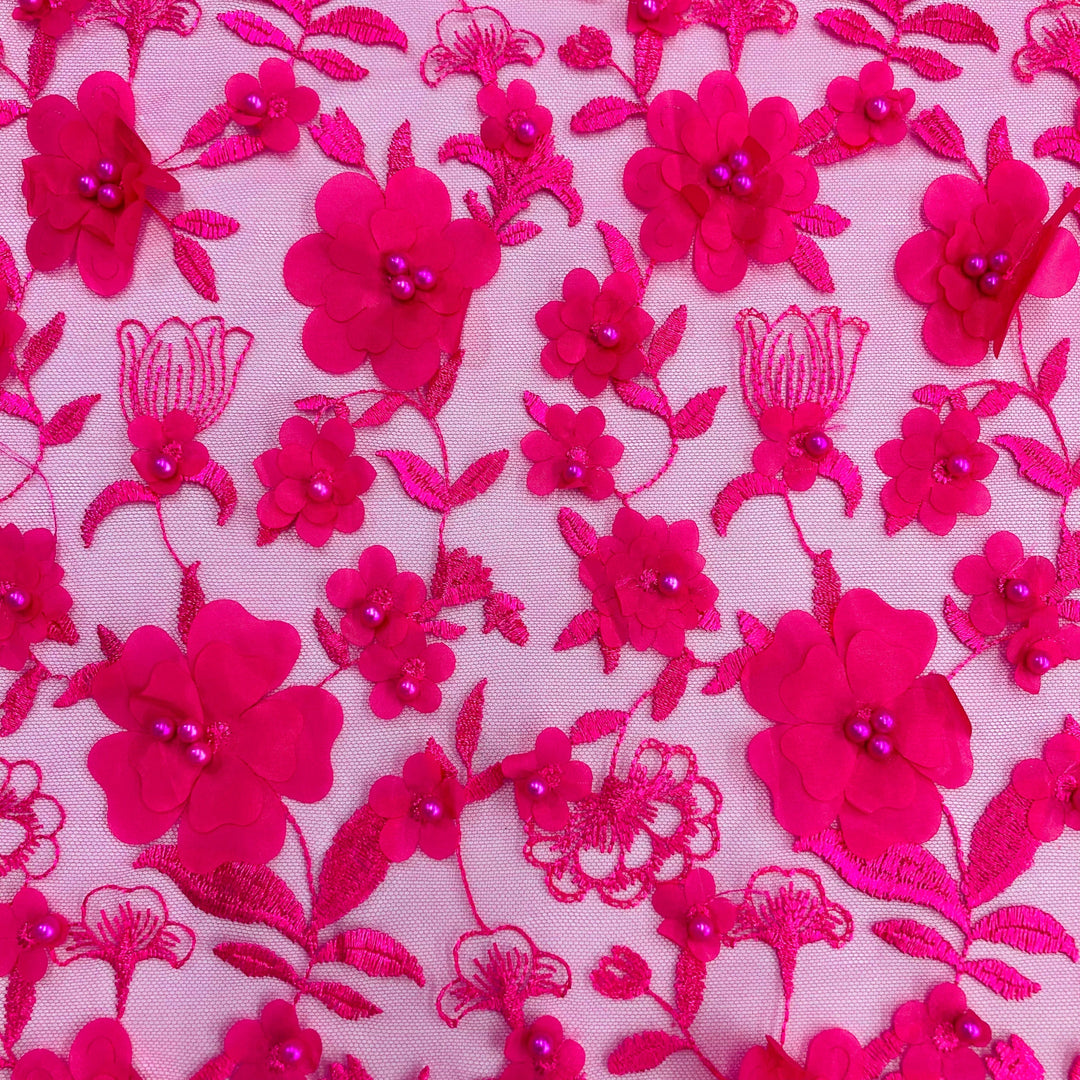  Closeup  of Fuchsia Floral Embroidered & Beaded Net Fabric with Beads. Lace USA