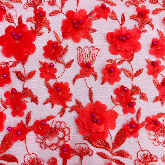 Coral 3D Floral Embroidered & Beaded Net Fabric with3D flowers. Lace USA GD241