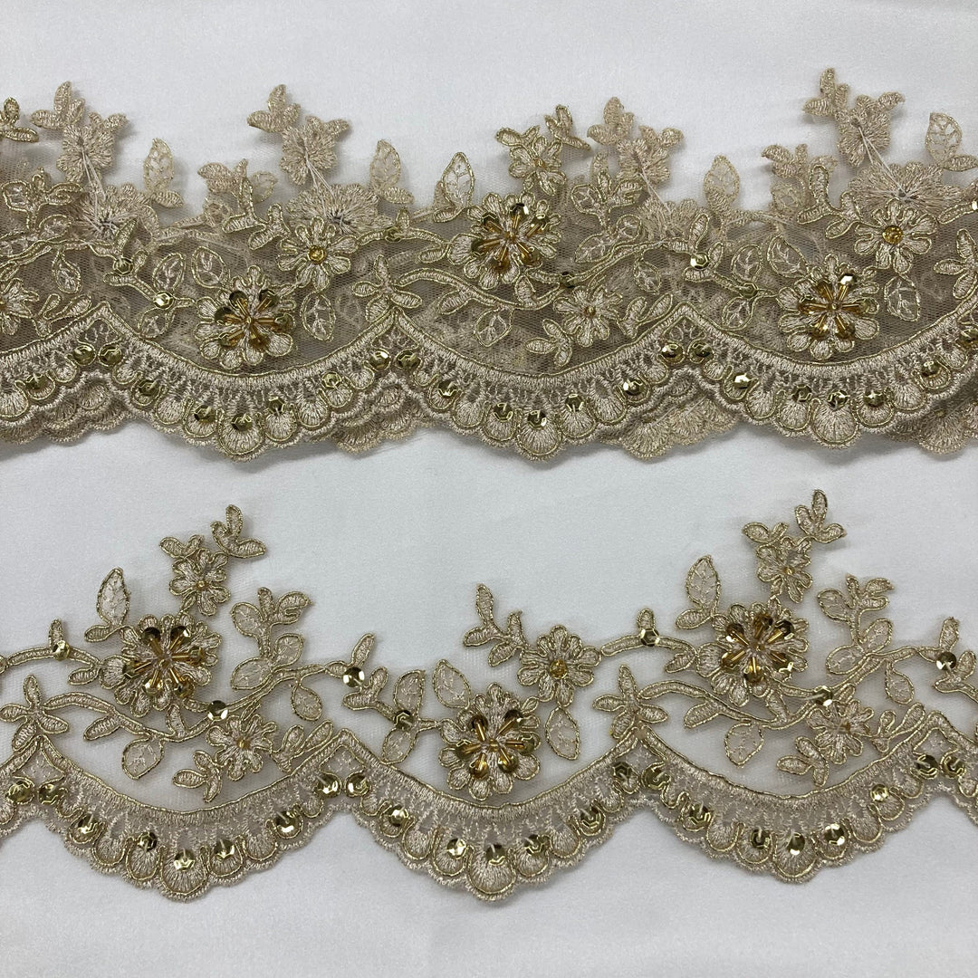 Corded, Beaded Floral Gold Lace Scalloped Trimming Embroidered on Net Mesh. Lace USA 96215WBP