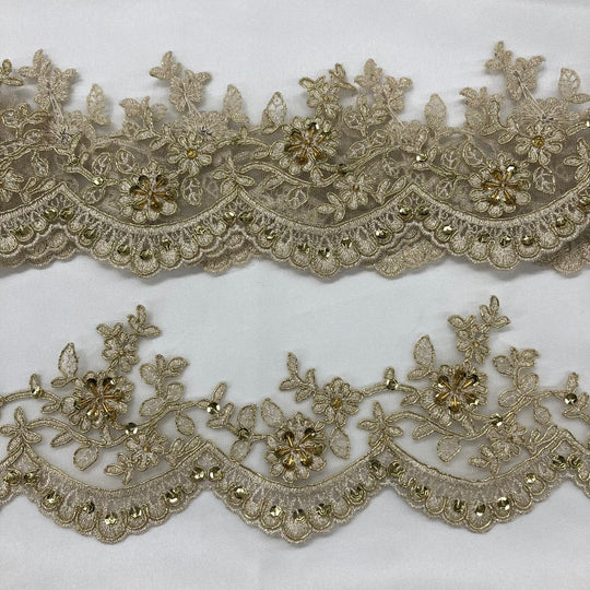 Corded, Beaded Floral Gold Lace Scalloped Trimming Embroidered on Net Mesh. Lace USA 96215WBP