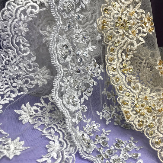 Double Sided Beaded Trimming, Embroidered on 100 % Polyester Net Mesh.  Sold by the Yard.  Lace USA