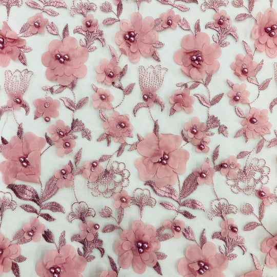 Closeu view of Dusty Rose_3D Floral Embroidered & Beaded Net Fabric. Lace USA GD241