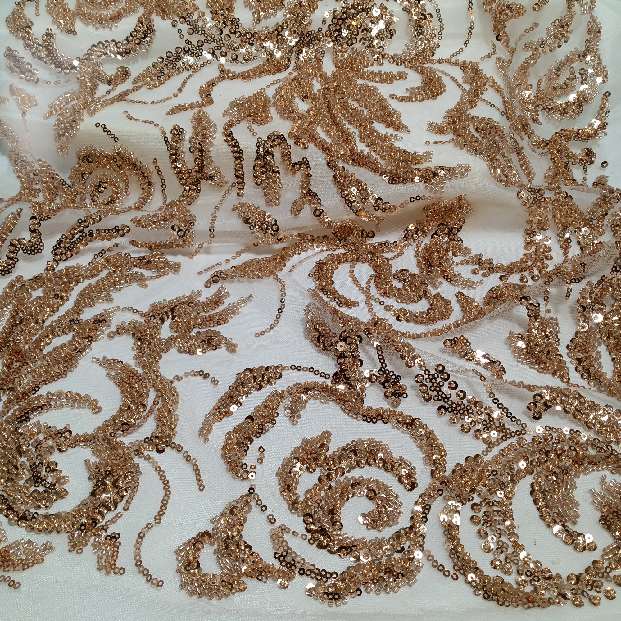 Beaded & Sequined Lace Fabric Embroidered on 100% Polyester Net Mesh | Lace USA - GD-30 Rose Gold