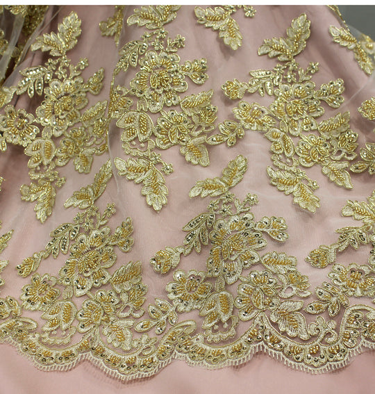 Embroidered & Corded Gold Net Mesh Fabric with Sequin & Beads. Sold by the yard Lace Usa