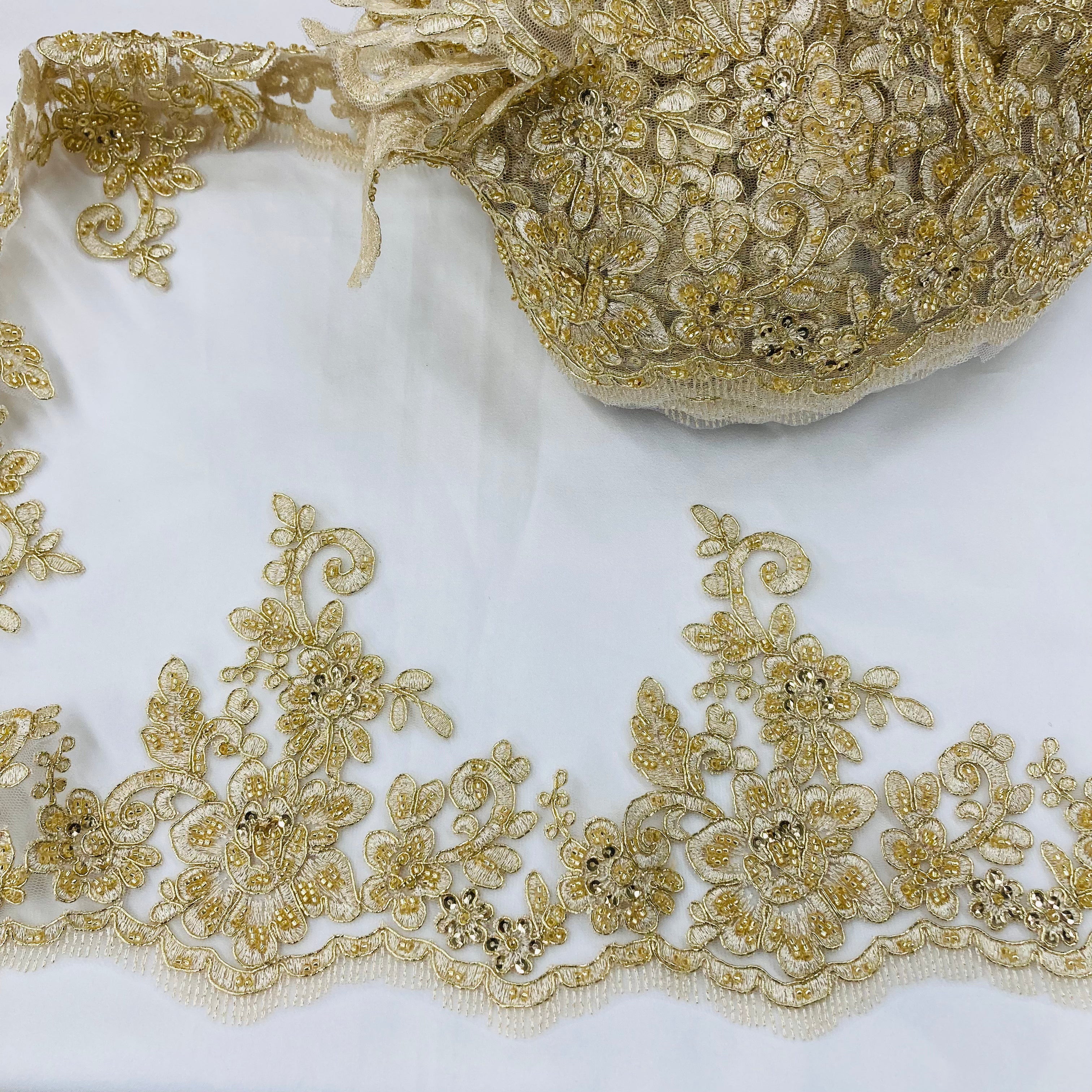 Gold color Beaded & Corded Floral Lace Trimming Embroidered on 100% Polyester Net Mesh | Lace USA