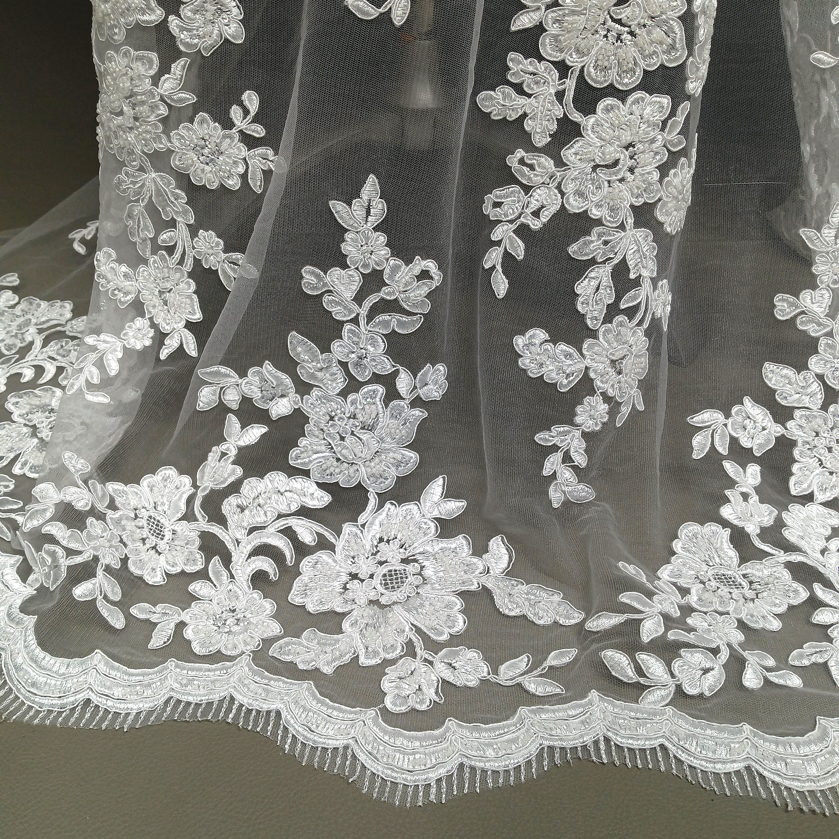 Corded & Beaded Bridal Lace Fabric Embroidered on 100% Polyester Net Mesh. Lace USA