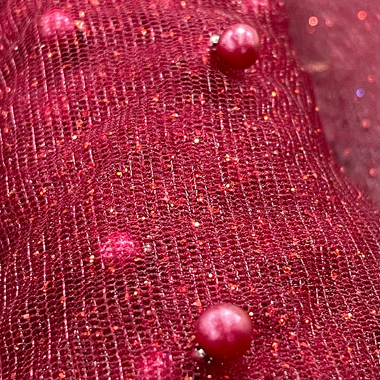 Glitter Mesh Net With Scattered Pearl , 2-Way Stretch, sold by the yard. 100% Polyester 60" wide. This mesh fabric is a 2-way stretch on the width. Pearls are scattered across the mesh.  Sold by the yard, 1-quantity equals to 1-yard.  If you order more than 1-yard, it will be ship in one continuous length.    Lace Usa