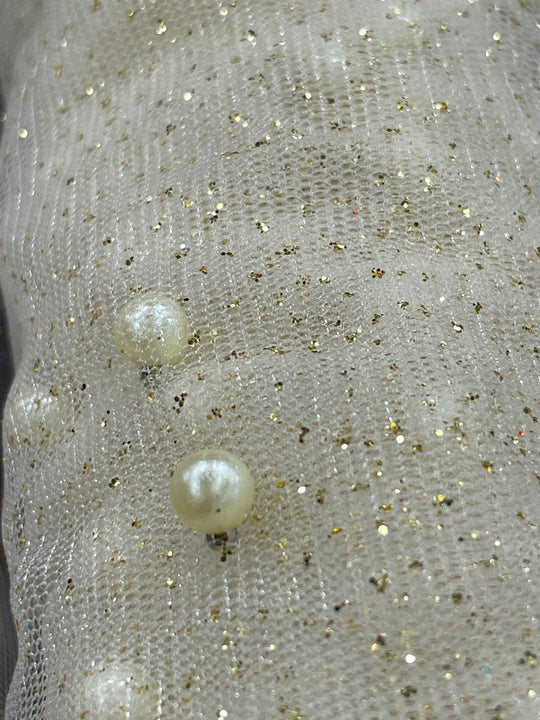 Glitter Mesh Net With Scattered Pearl , 2-Way Stretch, sold by the yard. 100% Polyester 60" wide. This mesh fabric is a 2-way stretch on the width. Pearls are scattered across the mesh.  Sold by the yard, 1-quantity equals to 1-yard.  If you order more than 1-yard, it will be ship in one continuous length.    Lace Usa