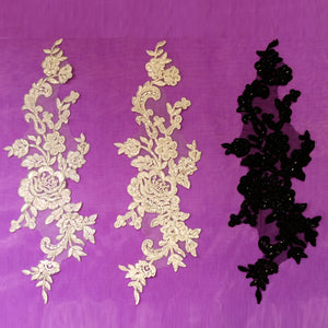 Beaded & Corded Floral Appliqué Lace Embroidered on 100% Polyester Organza or Net Mesh. This can be applied to Theatrical dance ballroom costumes, bridal dresses, bridal headbands endless possibilities.  Sold By Pair  Lace Usa