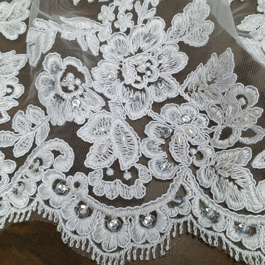 Corded & Beaded Bridal Lace Fabric Embroidered on 100% Polyester Net Mesh. Lace USA