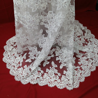 Corded & Beaded Bridal Lace Fabric Embroidered on 100% Polyester Net Mesh. Lace USA