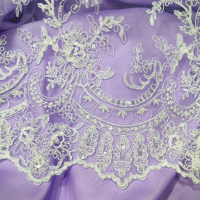 Corded & Beaded Bridal Lace Fabric Embroidered on 100% Polyester Net Mesh.  Sold the yard.  Lace Usa