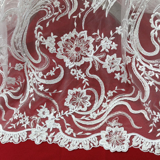 Corded & Beaded Bridal Lace Fabric Embroidered on 100% Polyester Net Mesh.  Sold the yard.  Lace Usa