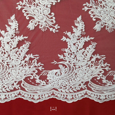 Corded & Beaded Bridal Lace Fabric Embroidered on 100% Polyester Net Mesh. Lace Usa