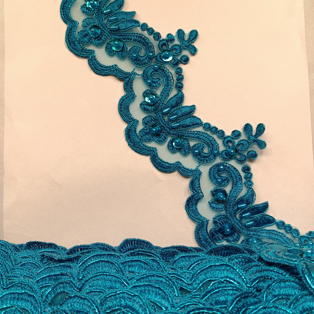 Corded, Beaded & Embroidered Metallic Turquoise Trimming. Lace Usa