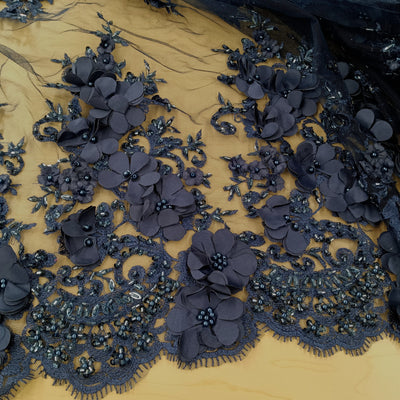 3D Floral Embroidered & Beaded Navy Net Fabric with Beads. Lace Usa