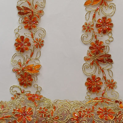 Beaded, Corded & Embroidered on Organza Orange with Gold Trimming. Lace Usa