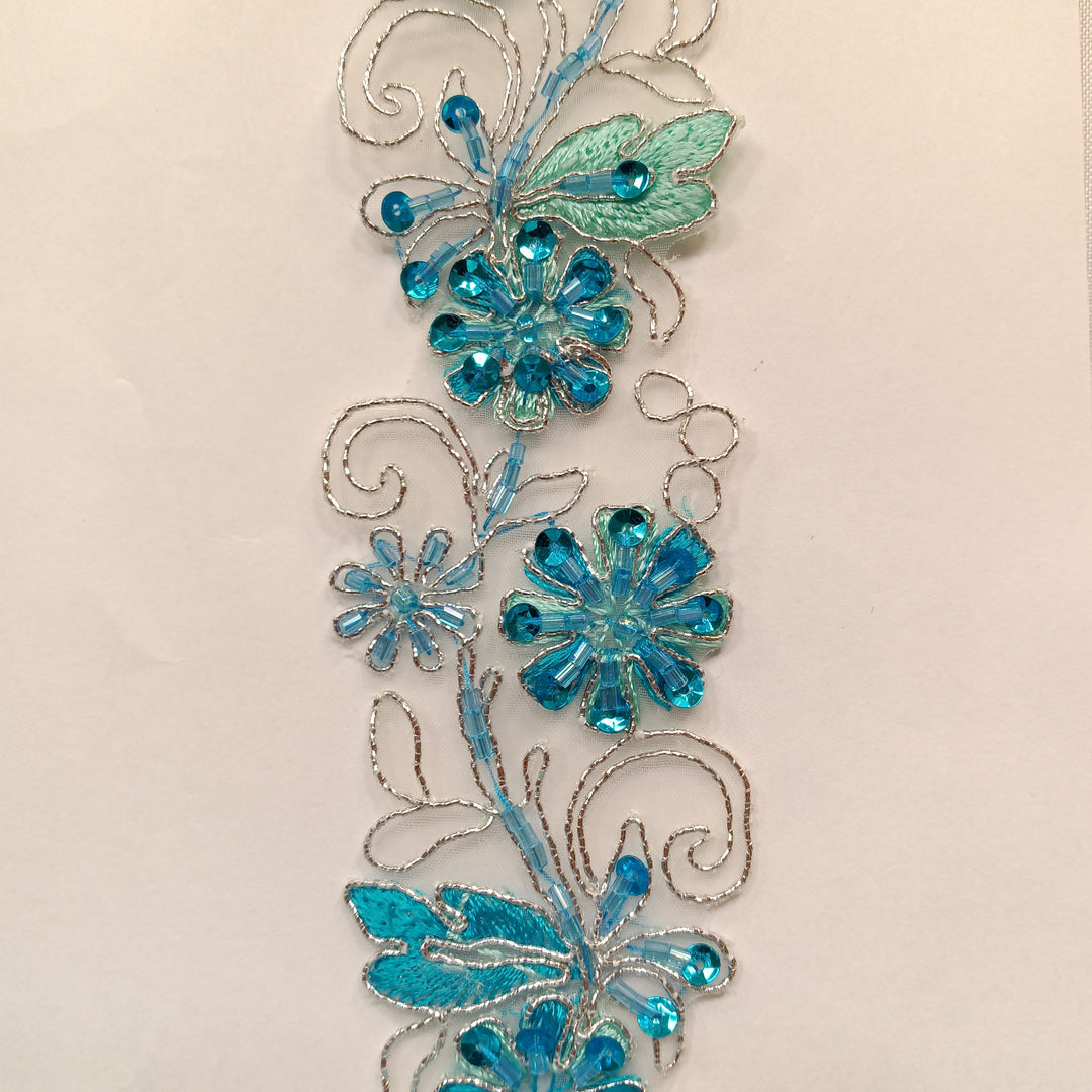 Beaded, Corded & Embroidered on Organza Turquoise with Silver Trimming. Lace Usa