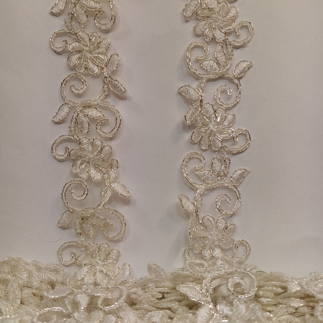 Beaded, Corded & Embroidered Ivory with Silver Trimming. Lace Usa