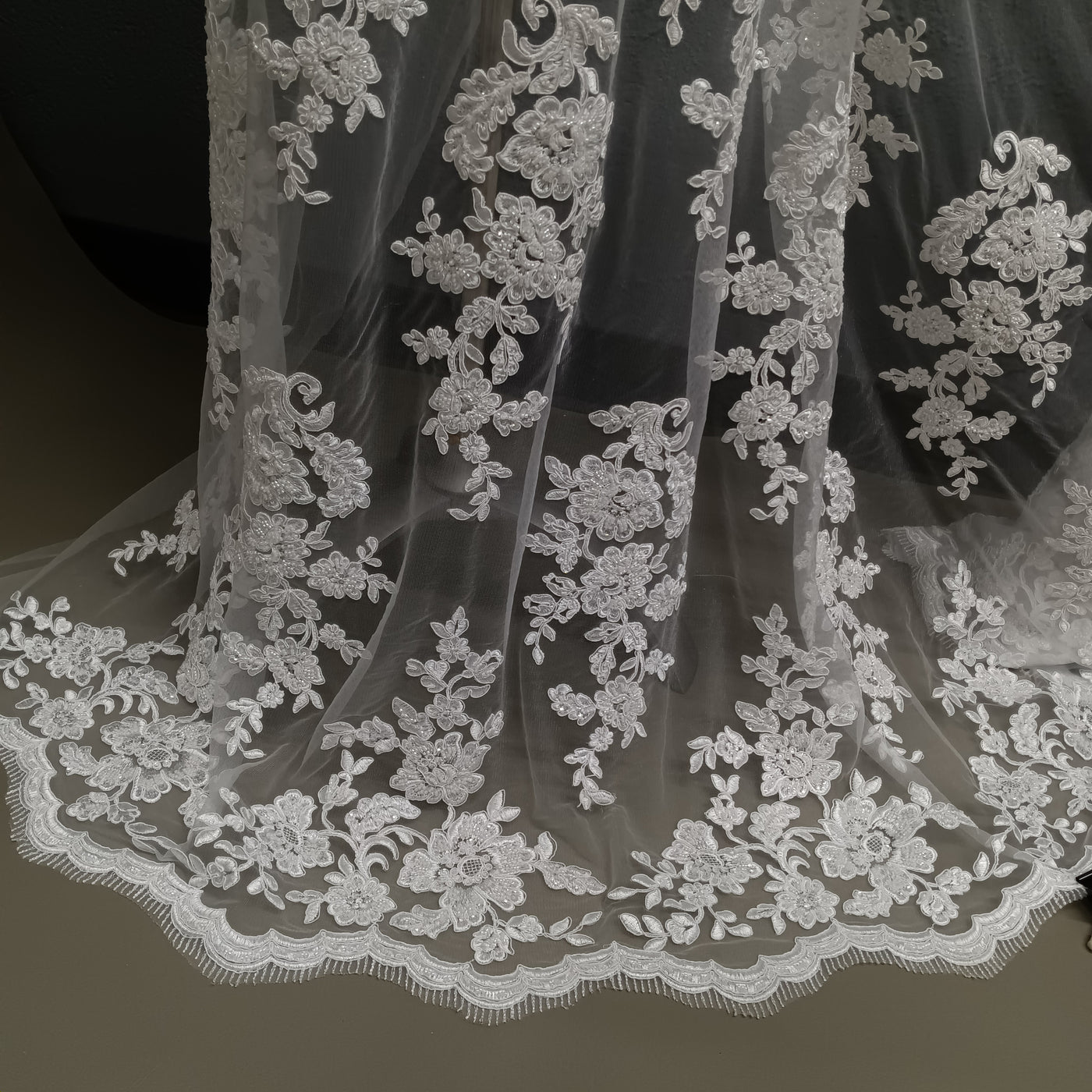 Corded & Beaded Bridal Lace Fabric Embroidered on 100% Polyester Net Mesh. Lace USA